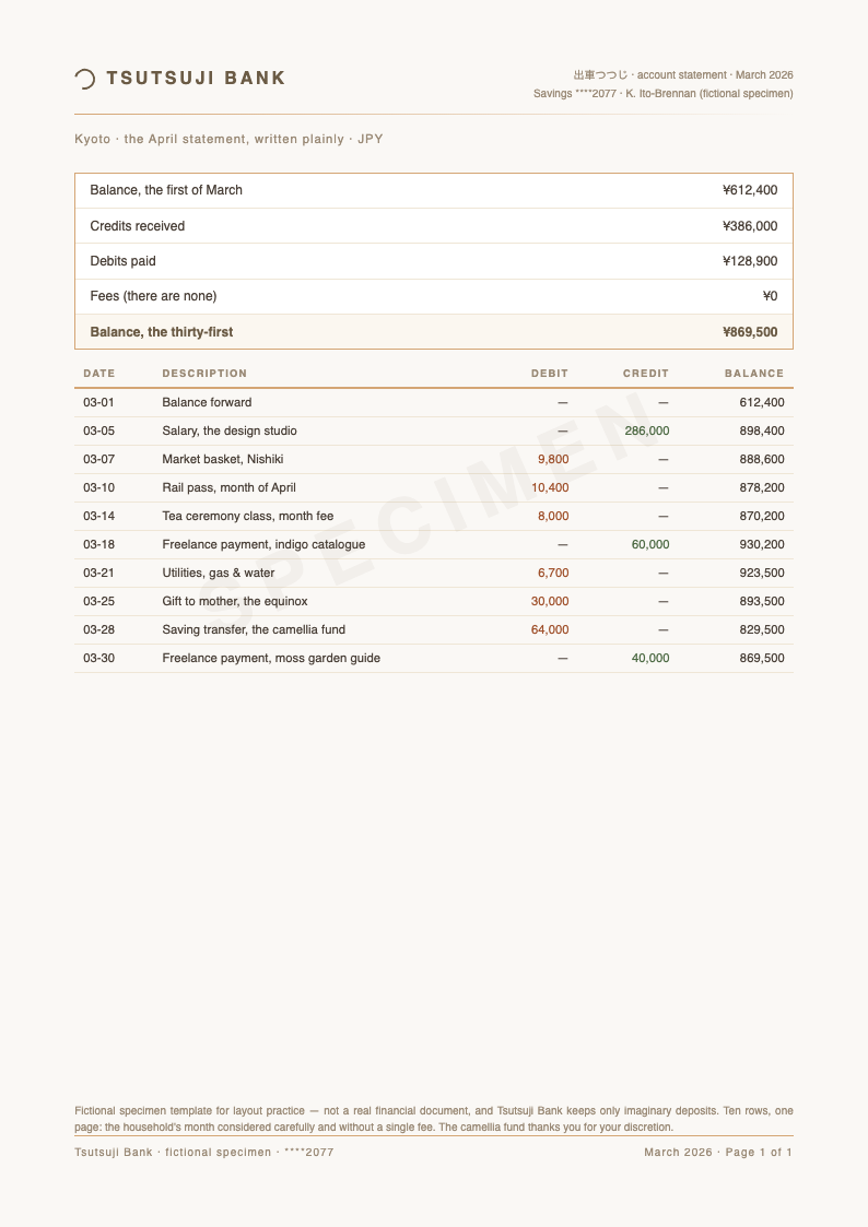 Japandi Minimalist Bank Statement